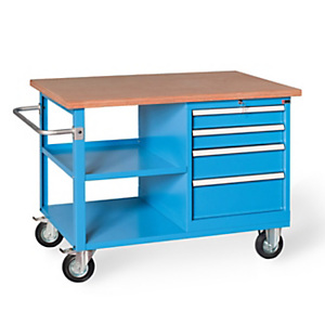 Banco da lavoro con ruote e maniglione di spinta serie RX, 4 cassetti e 1 vano con ripiano, Piano in legno, 120 x 70 x 89,5 cm, Blu/Legno Banco da lavoro con ruote e maniglione di spinta serie RX, 4 cassetti e 1 vano con ripiano, Piano in legno, 120 x 70 x 89,5 cm, Blu/Legno