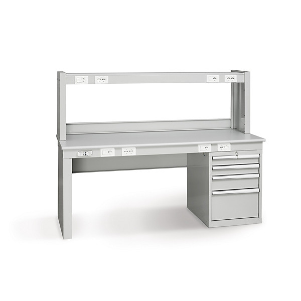 Banco da lavoro elettrico 1 gamba + cassettiera a 4 cassetti + sopralzo 150 x 80 x 154 cm