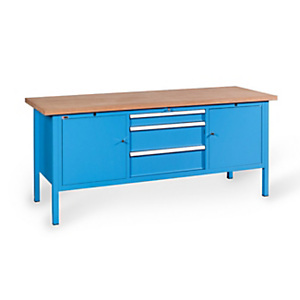 Banco da lavoro serie BX, 3 cassetti e 2 vani con ripiano ed anta, Piano in legno, 200 x 70 x 87 cm, Blu/Legno Banco da lavoro serie BX, 3 cassetti e 2 vani con ripiano ed anta, Piano in legno, 200 x 70 x 87 cm, Blu/Legno