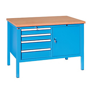 Banco da lavoro serie BX, 4 cassetti e 1 vano con ripiano ed anta , Piano in legno, 120 x 70 x 87 cm, Blu/Legno