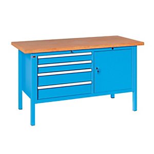 Banco da lavoro serie BX, 4 cassetti e 1 vano con ripiano ed anta , Piano in legno, 150 x 70 x 87 cm, Blu/Legno Banco da lavoro serie BX, 4 cassetti e 1 vano con ripiano ed anta , Piano in legno, 150 x 70 x 87 cm, Blu/Legno