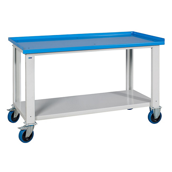 Banco da lavoro su ruote serie MG BOX, Piano in lamiera, 150 x 70 x 92 cm, Blu/Grigio