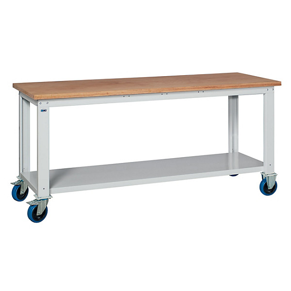 Banco da lavoro su ruote serie MG BOX, Piano in legno, 200 x 70 x 92 cm, Grigio/Legno