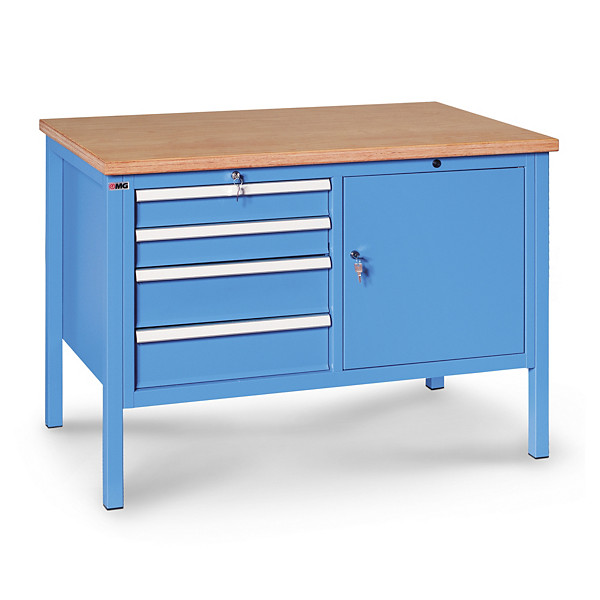 Banco di lavoro piano in legno con 4 cassetti + 1 anta  150 x 70 x 87 cm serie BX linea MIDI - 1