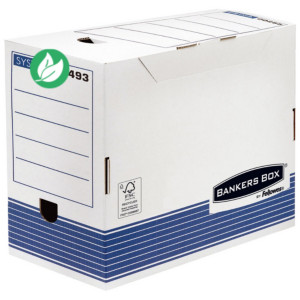 Bankers Box Boîte archives automatique FSC - Dos 20 cm - Blanc / Bleu - Lot de 10