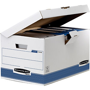 BANKERS BOX by Fellowes Scatola archivio  Maxi con coperchio a ribalta Linea System, Cartone riciclato, Bianco/Blu (confezione 10 pezzi)