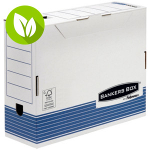 Bankers Box Caja Archivo Definitivo Cartón A4, Automontaje Fastfold, Tapa fija, Blanco y Azul, 325 x 108 x 264 mm