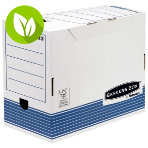 Bankers Box Caja Archivo Definitivo Cartón A4, Automontaje Fastfold, Tapa fija, Blanco y Azul, 325 x 200 x 264 mm