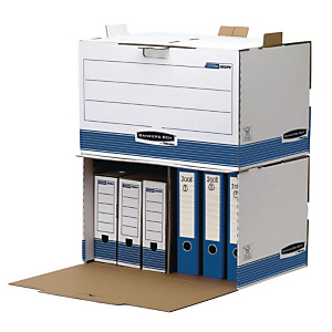 Bankers Box Cajón Archivo Definitivo Cartón A4, Automontaje Fastfold, Sistema de anclaje, Tapa fija, Blanco y Azul, 475 x 330 x 360 mm Bankers Box Cajón Archivo Definitivo Cartón A4, Automontaje Fastfold, Sistema de anclaje, Tapa fija, Blanco y Azul, 475 x 330 x 360 mm