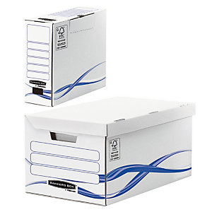 Bankers Box Pack archivage carton : lot de 1 caisse archives maxi + 6 boîtes dos 8 cm, pour format A4 (210 x 297 mm), H. 23 cm x l. 52 cm x P. 35 cm - Blanc / Bleu - Montage automatique