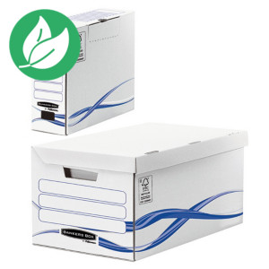 Bankers Box Pack archivage carton : lot de 1 caisse archives maxi + 6 boîtes dos 8 cm, pour format A4 (210 x 297 mm), H. 23 cm x l. 52 cm x P. 35 cm - Blanc / Bleu - Montage automatique