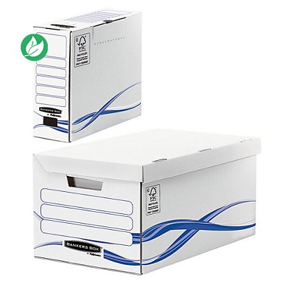Bankers Box Pack archivage carton : lot de 1 caisse archives maxi + 6 boîtes dos 8 cm, pour format A4 (210 x 297 mm), H. 23 cm x l. 52 cm x P. 35 cm - Blanc / Bleu - Montage automatique - 1