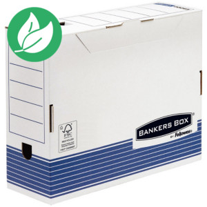 Bankersbox Boîte archives carton , pour format A4 (210 x 297 mm), H. 265 mm x l. 111 mm x P. 327 mm - Blanc / Bleu - 100 % recyclable, Montage automatique - Lot de 10