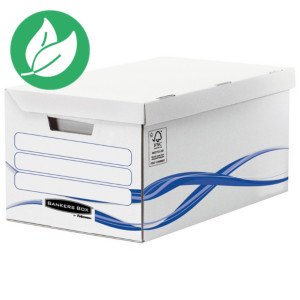 Bankersbox Caisse archives carton capacité jusqu'à 6 boîtes archives, pour format 24 x 32 cm, H. 280 mm x l. 554 mm x P. 356 mm - Blanc / Bleu - 100% recyclé certifié FSC - Lot de 10