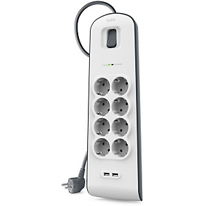 Belkin SurgePlus Regleta múltiple con interruptor, 8 tomas, 2 USB 2.4 A, 2 m, blanco y gris Belkin SurgePlus Regleta múltiple con interruptor, 8 tomas, 2 USB 2.4 A, 2 m, blanco y gris