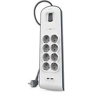 Belkin SurgePlus Regleta de protección conta sobretensiones, con interruptor, 8 tomas, 2 USB-A de 2.4 A, 2 m., blanco y gris