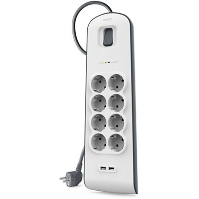 Belkin SurgePlus Regleta de protección conta sobretensiones, con interruptor, 8 tomas, 2 USB-A de 2.4 A, 2 m., blanco y gris - 1