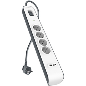 Belkin SurgePlus Regleta de protección contra sobretensiones de 4 tomas y 2 puertos USB de carga súper rápida de 2.4 A Belkin SurgePlus Regleta de protección contra sobretensiones de 4 tomas y 2 puertos USB de carga súper rápida de 2.4 A