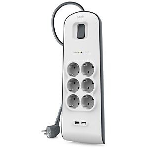 Belkin SurgePlus Regleta de protección contra sobretensiones de 6 tomas y 2 puertos USB de carga súper rápida de 2.4 A Belkin SurgePlus Regleta de protección contra sobretensiones de 6 tomas y 2 puertos USB de carga súper rápida de 2.4 A