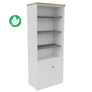 Bibliothèque haute 2 portes basses L.80 x P.48 x H.201 cm - Corps Blanc - Top Chêne Nebraska Bibliothèque haute 2 portes basses L.80 x P.48 x H.201 cm - Corps Blanc - Top Chêne Nebraska