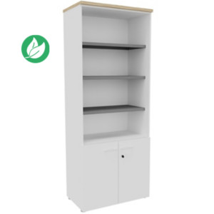 Bibliothèque haute 2 portes basses L.80 x P.48 x H.201 cm - Corps Blanc - Top Chêne Bibliothèque haute 2 portes basses L.80 x P.48 x H.201 cm - Corps Blanc - Top Chêne