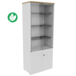 Bibliothèque haute 4 portes dont 2 vitrées L.80 x P.48 x H.201 cm - Corps Blanc - Top Chêne Nebraska Bibliothèque haute 4 portes dont 2 vitrées L.80 x P.48 x H.201 cm - Corps Blanc - Top Chêne Nebraska