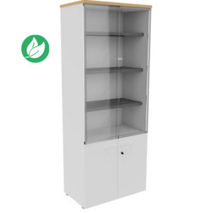 Bibliothèque haute 4 portes dont 2 vitrées L.80 x P.48 x H.201 cm - Corps Blanc - Top Hêtre Bibliothèque haute 4 portes dont 2 vitrées L.80 x P.48 x H.201 cm - Corps Blanc - Top Hêtre