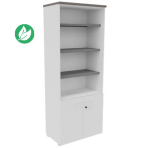 Bibliothèque haute NF Environnement portes basses H.203 cm x L.80 cm blanche - Top Cèdre