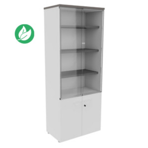 Bibliothèque haute NF Environnement portes basses et vitrine H.203 cm x L.80 cm blanche - Top Cèdre Bibliothèque haute NF Environnement portes basses et vitrine H.203 cm x L.80 cm blanche - Top Cèdre