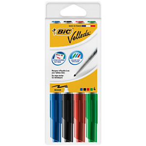 BIC® 1741 Marcatore per lavagna Velleda, Punta rotonda da 1,4 mm, Confezione assortita da 4, Colore Nero, Blu, Rosso, Verde (confezione 4 pezzi)