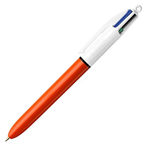 BIC® 4 Colours Fine Bolígrafo 4 colores retráctil de punta de bola, punta mediana, cuerpo naranja y blanco, colores de tinta variados: negro, azul, verde, rojo