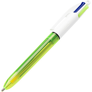 BIC® 4 Colours™ Fluo Bolígrafo 4 colores retráctil con punta de bola, punta media de 1 mm, cuerpo blanco y verde, colores de tinta variados: Azul, amarillo, rojo y negro