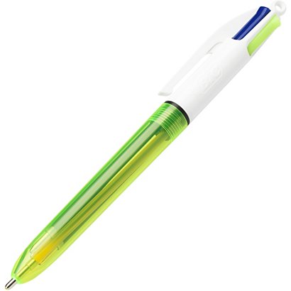 BIC® 4 Colours™ Fluo Bolígrafo 4 colores retráctil con punta de bola, punta media de 1 mm, cuerpo blanco y verde, colores de tinta variados: Azul, amarillo, rojo y negro - 1