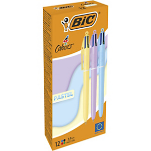 BIC® 4 Colours Original Pastel Bolígrafo 4 colores retráctil de punta de bola, punta mediana, cuerpo en colores surtidos pastel, colores de tinta variados: negro, azul, verde, rojo, Pack de 12 bolígrafos