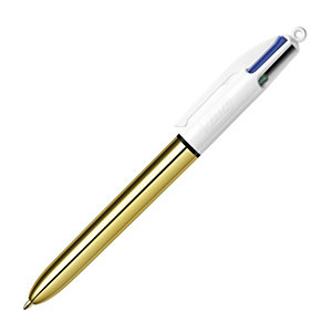 BIC® 4 Colours™ Shine Gold Bolígrafo 4 colores retráctil de punta de bola, punta mediana, cuerpo color dorado, colores de tinta variados: azul, negro, rojo y verde