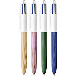 BIC® 4 Colours Wood Bolígrafo 4 colores retráctil de punta de bola, punta mediana, cuerpo en 4 colores surtidos, colores de tinta variados: azul, rojo, verde y negro