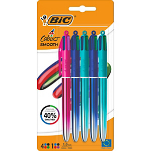 BIC 4 Couleurs Smooth Blister de 5 - Pointe moyenne 1 mm - Corps métallisé irisé bleu foncé, vert et rose BIC 4 Couleurs Smooth Blister de 5 - Pointe moyenne 1 mm - Corps métallisé irisé bleu foncé, vert et rose