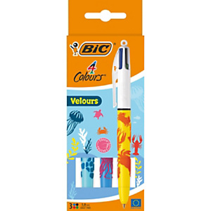 BIC 4 couleurs Velours Stylo bille rétractable pointe moyenne 1 mm - Corps couleurs assorties - Lot de 3 BIC 4 couleurs Velours Stylo bille rétractable pointe moyenne 1 mm - Corps couleurs assorties - Lot de 3
