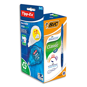 BIC Atlantis Stylo Rétractable Pointe Moyenne - Bleu x12 + Tipp-Ex Ruban Correcteur -x1 + 1 Recharge BIC Atlantis Stylo Rétractable Pointe Moyenne - Bleu x12 + Tipp-Ex Ruban Correcteur -x1 + 1 Recharge