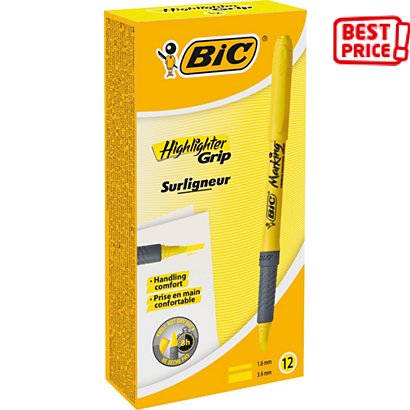 BIC® brite liner® Grip, Evidenziatore, Punta a scalpello, 1,6 mm - 3,3 mm, Giallo - 1