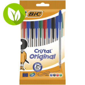 BIC® Cristal® Bolígrafo de punta de bola, punta mediana de 1 mm, cuerpo transparente, colores de tinta variados: negro, azul, rojo y verde