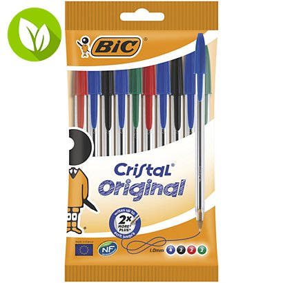 BIC® Cristal® Bolígrafo de punta de bola, punta mediana de 1 mm, cuerpo transparente, colores de tinta variados: negro, azul, rojo y verde - 1