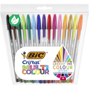 BIC Cristal Multicolour Stylo bille à capuchon pointe large 1,6 mm - Pochette de 15 coloris assortis BIC Cristal Multicolour Stylo bille à capuchon pointe large 1,6 mm - Pochette de 15 coloris assortis
