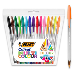 BIC® Cristal Multicolour Stylo bille à capuchon pointe large 1 mm - Pochette de 15 coloris assortis