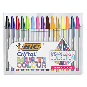 BIC® Cristal Multicolour Stylo bille à capuchon pointe large 1 mm - Pochette de 15 coloris assortis