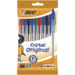 BIC® Cristal Original Stylo bille à capuchon pointe moyenne 1 mm - 4 couleurs assorties - Pochette d