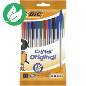 BIC® Cristal Original Stylo bille à capuchon pointe moyenne 1 mm - 4 couleurs assorties - pochette de 10