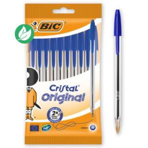BIC® Cristal Original Stylo bille à capuchon pointe moyenne 1 mm bleu - Pochette de 10