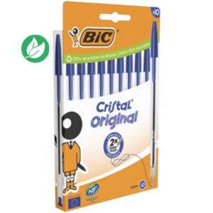 BIC Cristal Original Stylo bille à capuchon - pointe moyenne 1 mm - Bleu - Pochette de 10 BIC Cristal Original Stylo bille à capuchon - pointe moyenne 1 mm - Bleu - Pochette de 10