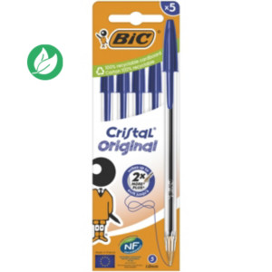 BIC Cristal Original Stylo bille à capuchon - pointe moyenne 1 mm - Bleu - Pochette de 5 BIC Cristal Original Stylo bille à capuchon - pointe moyenne 1 mm - Bleu - Pochette de 5
